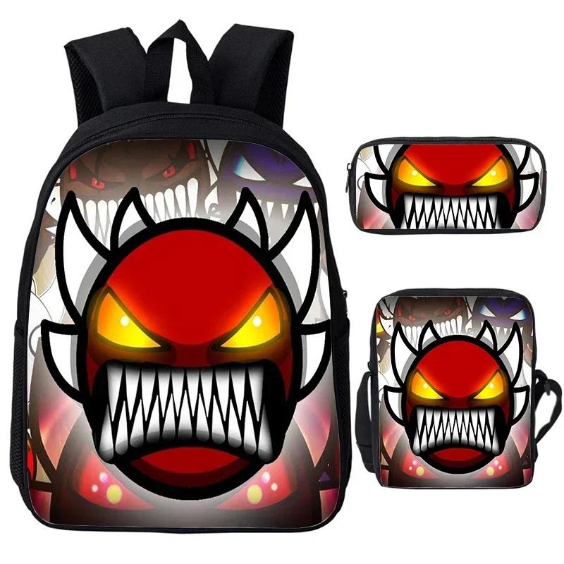 Angry Geometry Dash Cartoon Print Children Backpack 3Pcs Set Boys Girls School Bags Large Capacity Bookbag Back To School Gifts