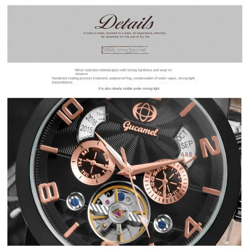 GUCAMEL Herren-Mechanikuhr, Tourbillon-Gürtel, Business-Mechanische Uhr, Ewiger Kalender, Herrenuhr