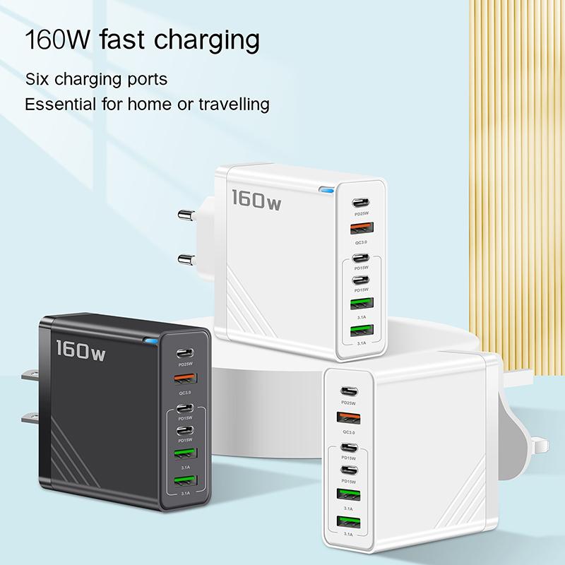 160W 6-Port Fast Charging Usb Type C Quick Charge Pd Qc3.0 Wall Charger Adapter For Iphone Xiaomi Samsung Huawei Phone Charger
