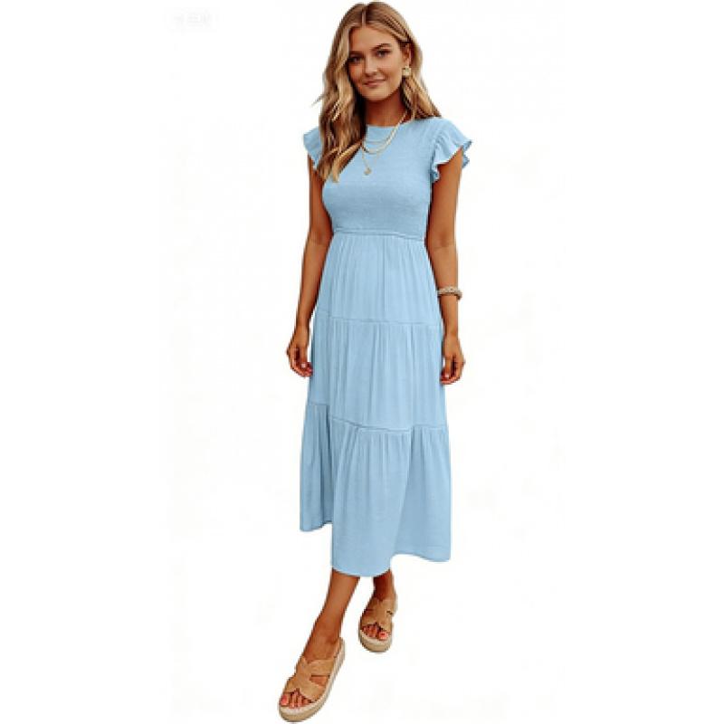 Women's Flying Sleeve Pleated Layered Short Sleeve Large-Swing Dress