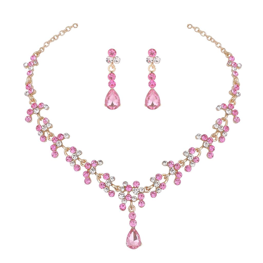 Women's 2 Pcs Jewelries Set with Rhinestones Elegant Purple/Pink Hanging Necklaces Drop Earrings for Bridesmaid Wedding Ball Party