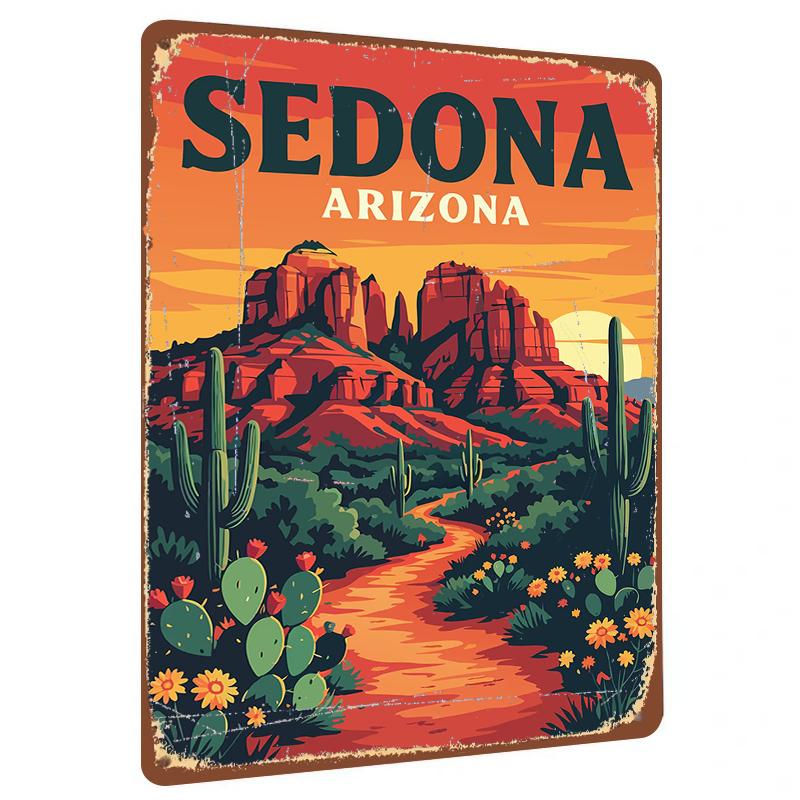 

Sedona Arizona Landscape Metal Wall Art Desert Cactus Sunset Mountain Decor for Home Living Room Decoration 20x30cm（7.8x11.8inch）