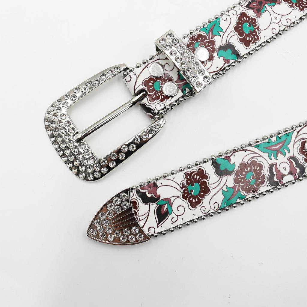 Rhinestone Belt Printed Brown Flower PU Printed Belt Design Feel Pin Buckle Belt