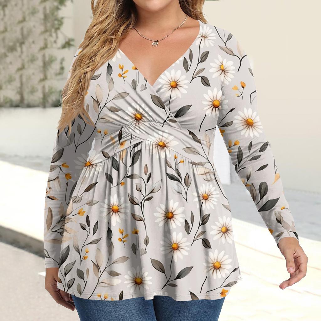 Women's Plus Size Shirt Long Sleeve  Print Top Pleated Casual V-Neck Top