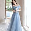 Elegante Vestido de Noche Azul de Tul Hombros Descubiertos, Vestido Largo Formal con Lazo y Pedrería para Mujer, Ideal para Bodas, Banquetes y Fiestas de Graduación