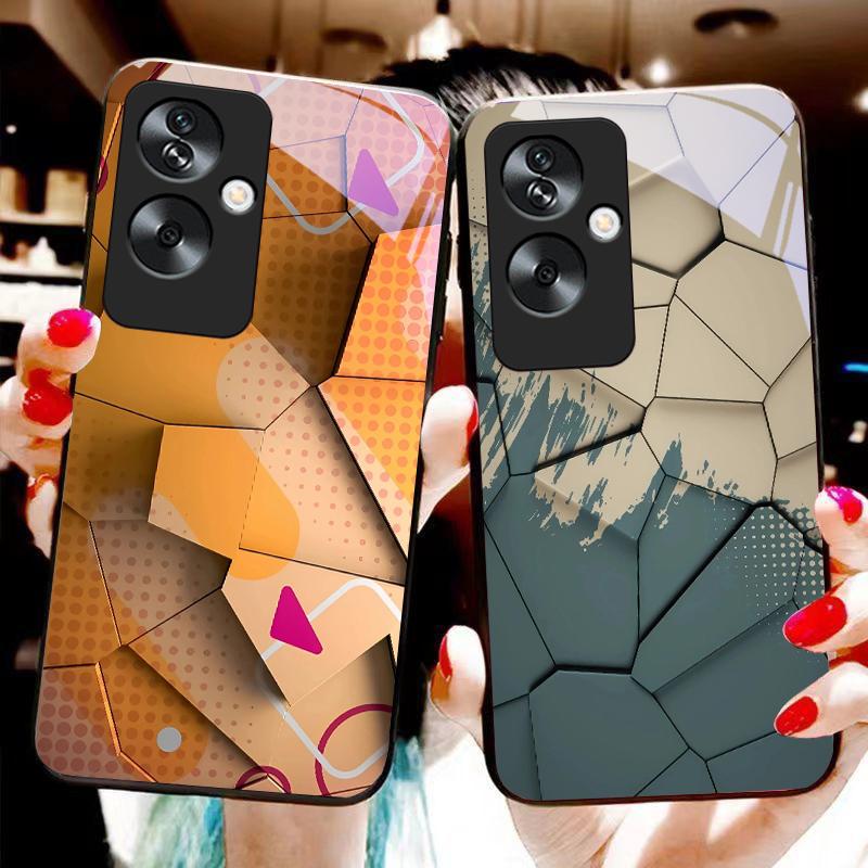 Geometric Pattern For Oppo A79 5G 58 78 74 60 4G Reno 11F Realme GT 6 11 Note 50 10 C55 X2 Tempered Glass Black Phone Case