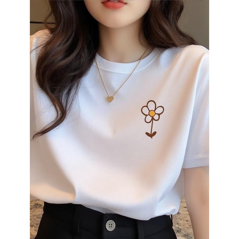 

Women S Short Sleeve T-Shirt - White T-Shirt with Flower Printed Design, Casual Round Neck Stretchy Soft Fabric, Machine Washable, S белый