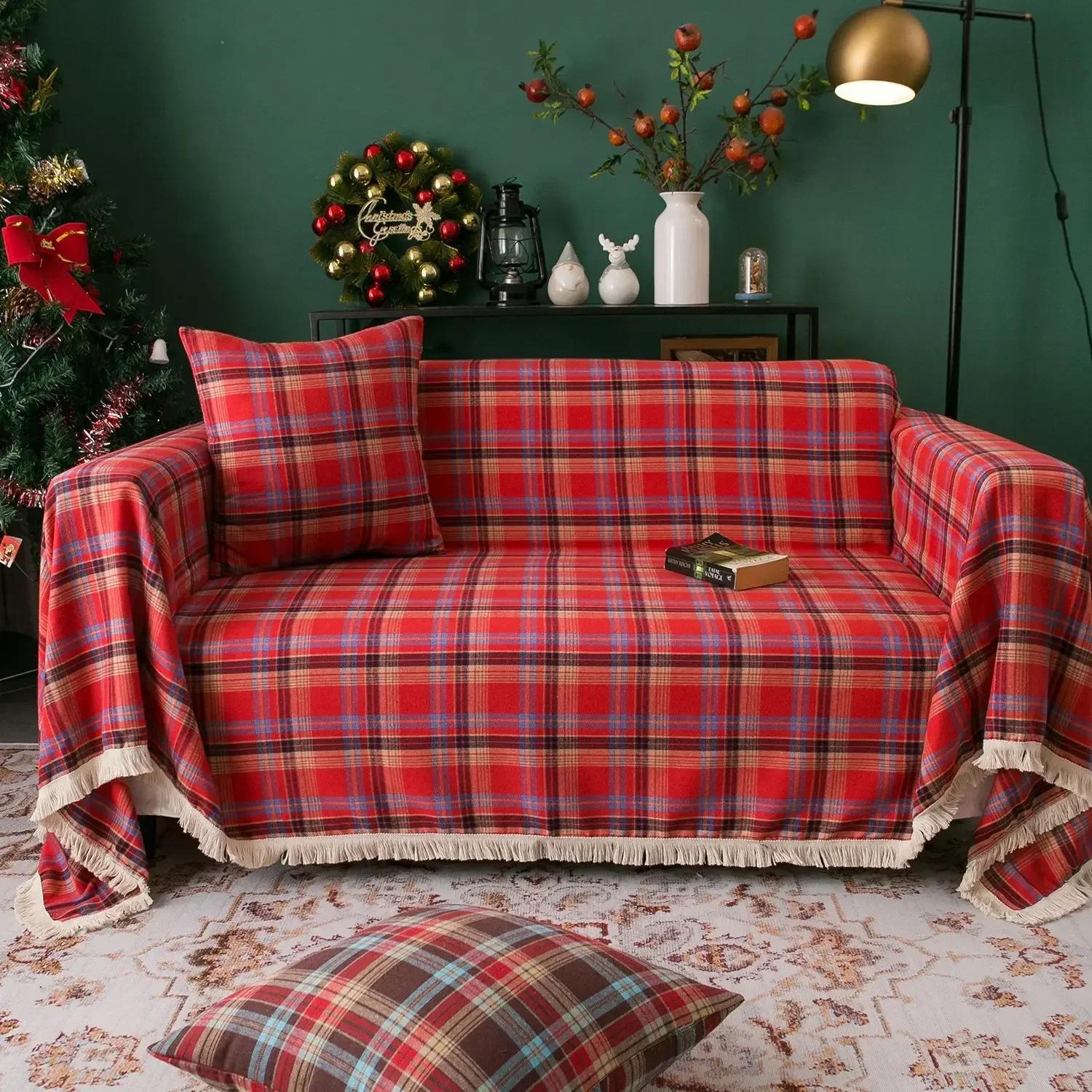 Sofa Furniture Cover Towel Retro Christmas Decorate Red Green Plaid Multifunctional Tassel Cover Towel 3 Seater Sofa Sitting Soft Cushion 180x180cm