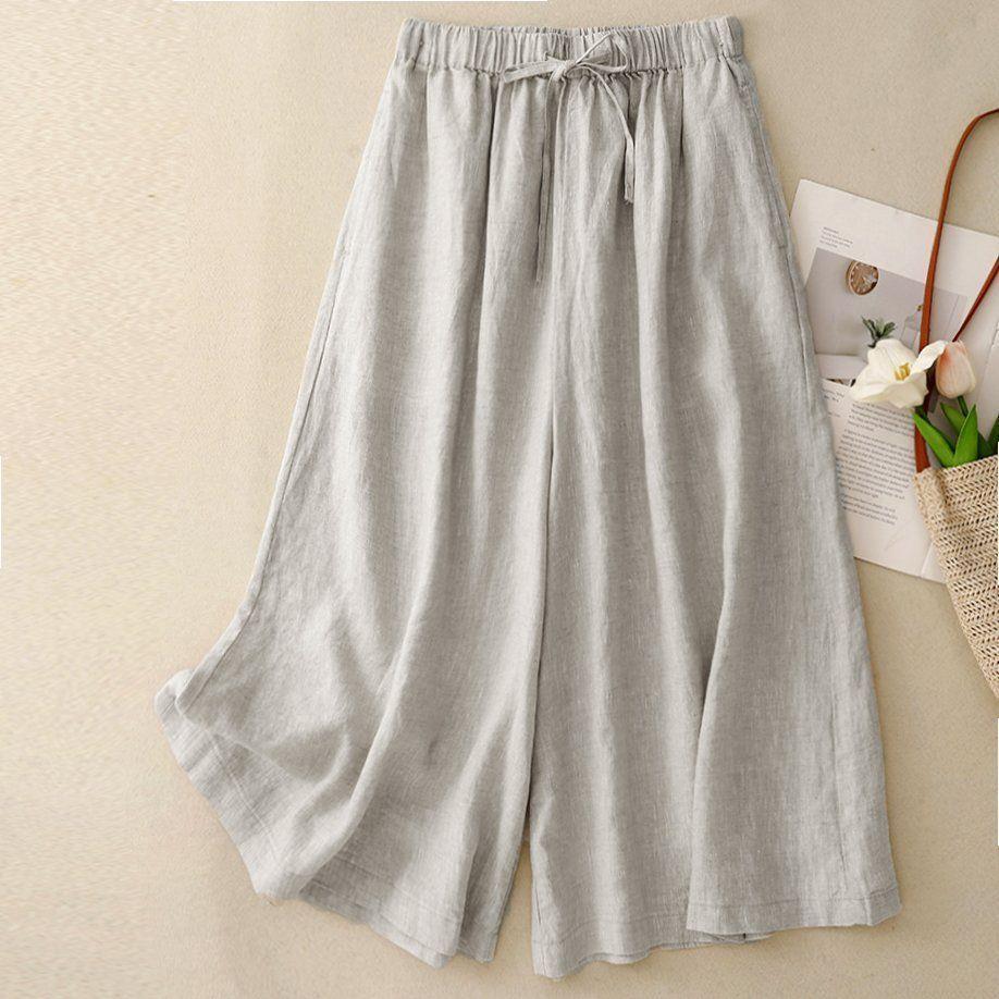 

Cotton Linen Wide-Leg Seven-Point Pants for Women, Plus Size, Casual New 2025 Straight-Leg Culottes 2XL for 70-80 kg льняной/естественный