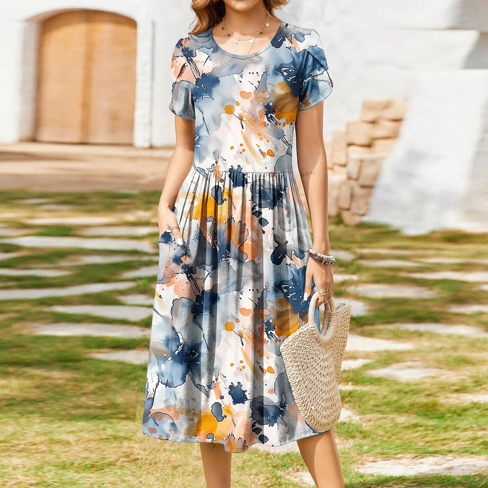 

Женское модное весенне-летнее платье с круглым вырезом, рукавами-лепестками, короткими рукавами, длинное, с принтом XXL хаки