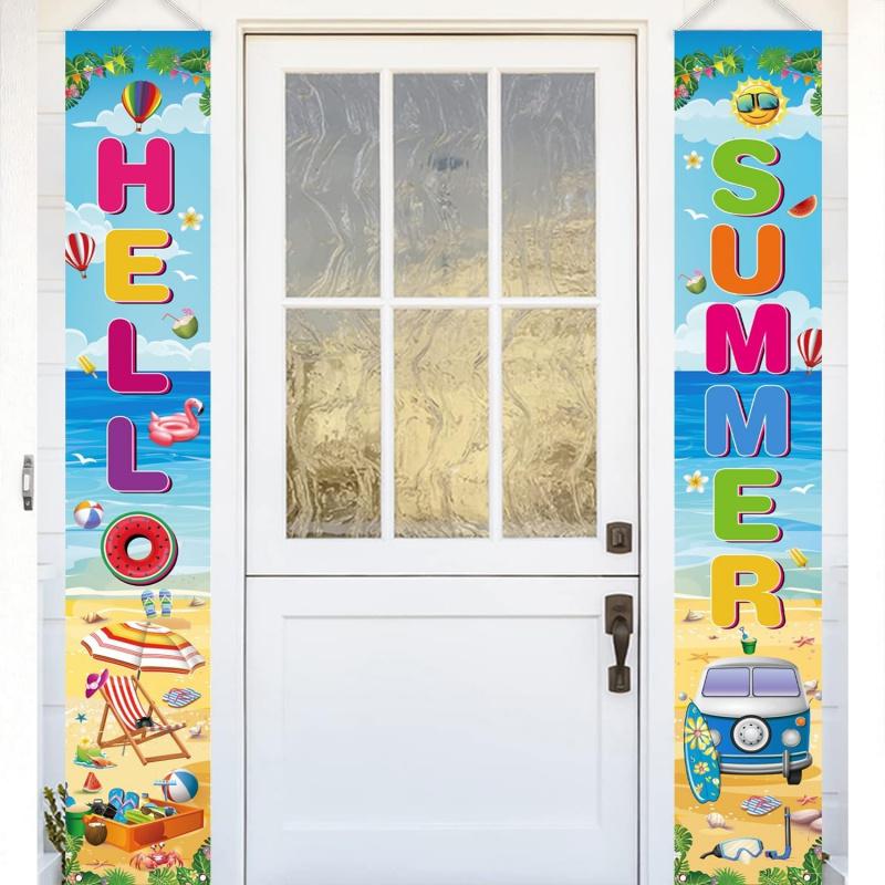 VIKAMA Hello Summer Door Banner Beach Tropical Porch Sign Indoor Outdoor Party Decoration Hanging Background