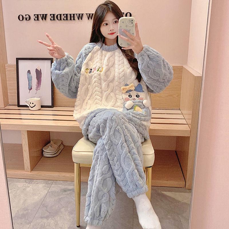Women's Winter Coral Fleece Pajamas, Long-Sleeved Flannel Set with Velvet, Suitable for Spring and Autumn, Can Be Worn Outdoors