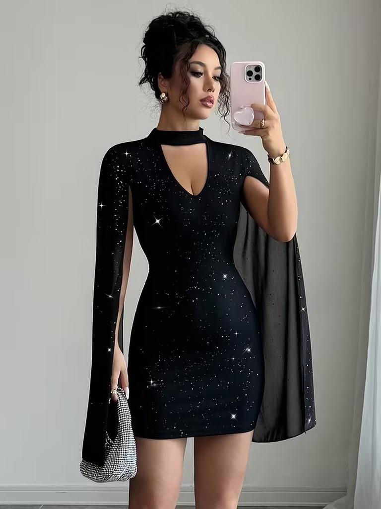 Women's Shiny Halter Neck Bodycon Dress with Lantern Sleeves