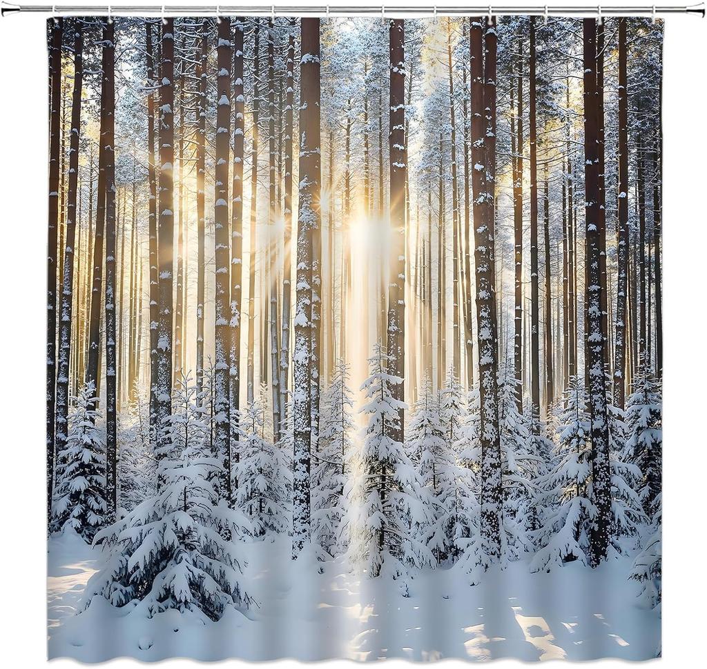 Winter Landscape Shower Curtain Nature Forest Pine Tree Snowflake Sunshine Rustic Scenery Bathroom Decor Fabric Curtain With