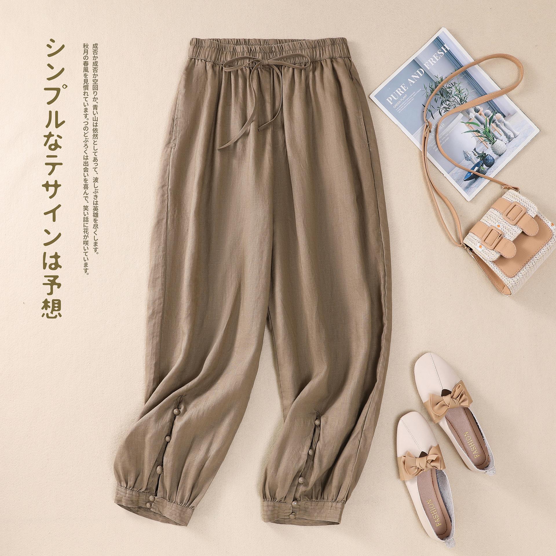 

Summer New Literary Loose Solid Color Cotton and Linen Elastic Waist Harlan Pants Nine-point Pants Women s Casual Pants 2XL хаки