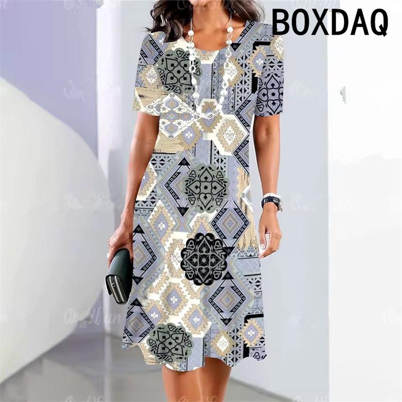 Summer Woman's Short Sleeves Dresses Geometric Pattern Print A-Line Dress 3D Retro Elegant Holiday Loose Dress Big Size Vestidos