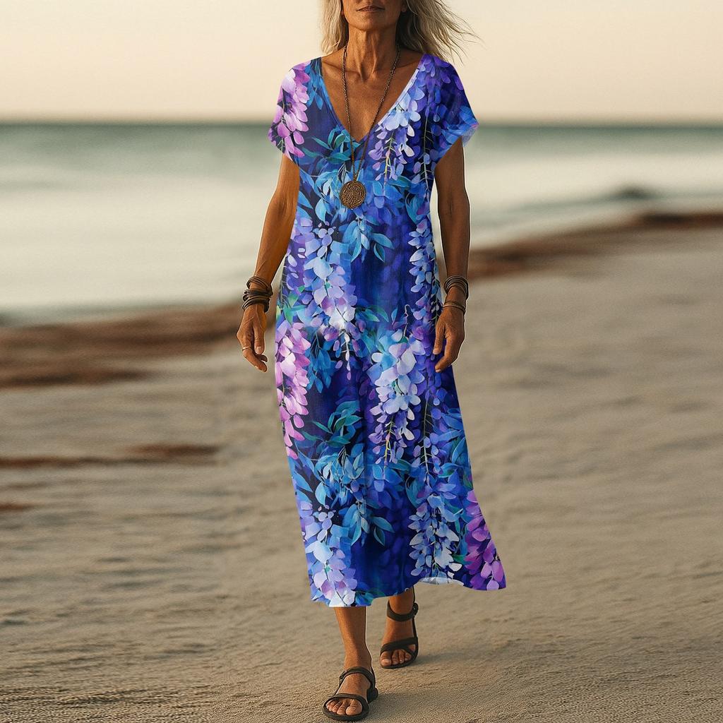 Robe d'été Robe longue bohème de plage pour femme Robe maxi élégante Col en V Manches courtes Tunique d'été Légère Aérée