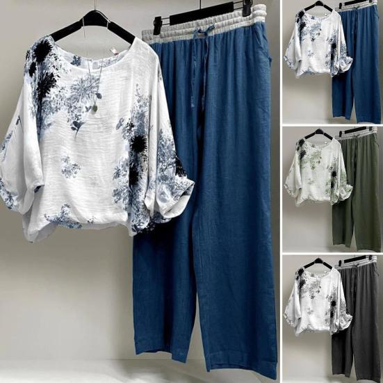 

2 шт./компл. женская одежда с круглым вырезом и длинным рукавом, классические элегантные широкие брюки из двух предметов, повседневная одежда