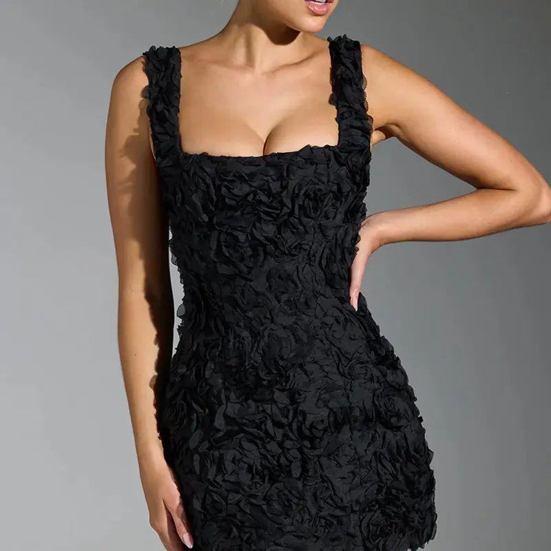 

2025 Summer New European and American Sexy Square Collar Flower Slim fit Sexy Fashion Sleeve Bandage Sling Jumpsuit Short dress Black XL