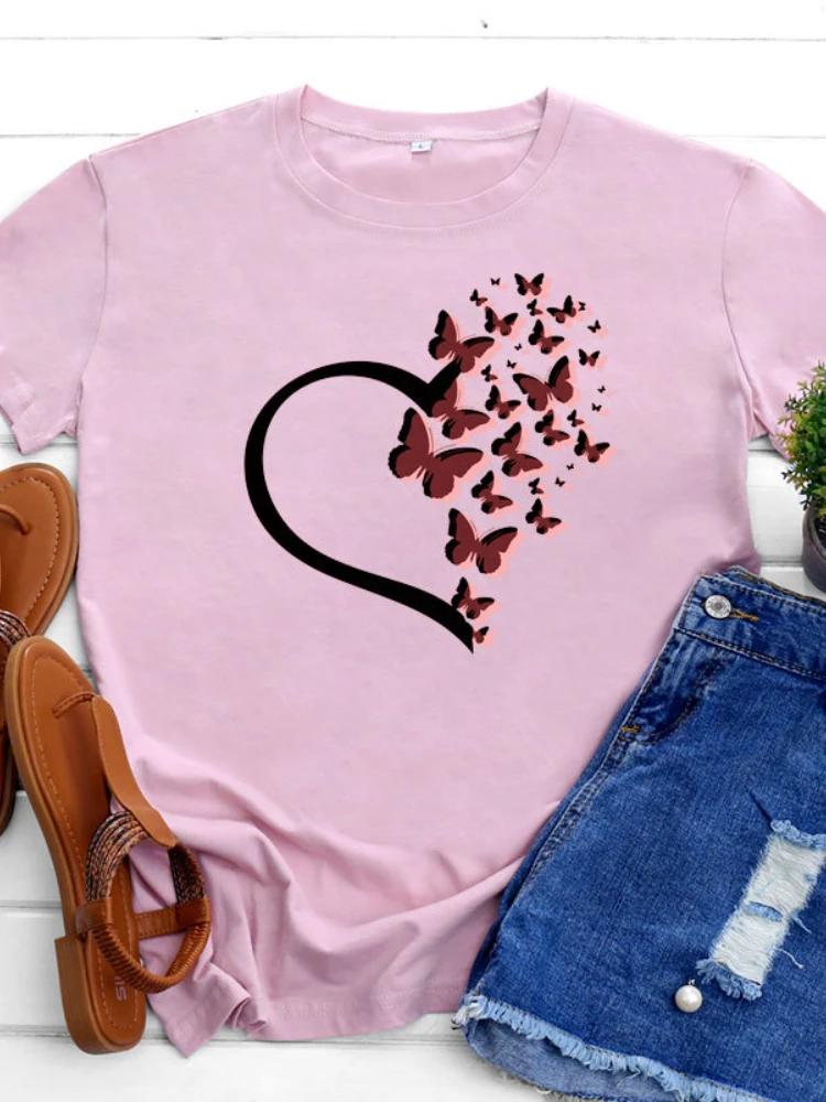 Heart Butterfly Print T Shirt Women Short Sleeve O Neck Loose Tshirt Summer Women Tee Shirt Tops Camisetas Mujer