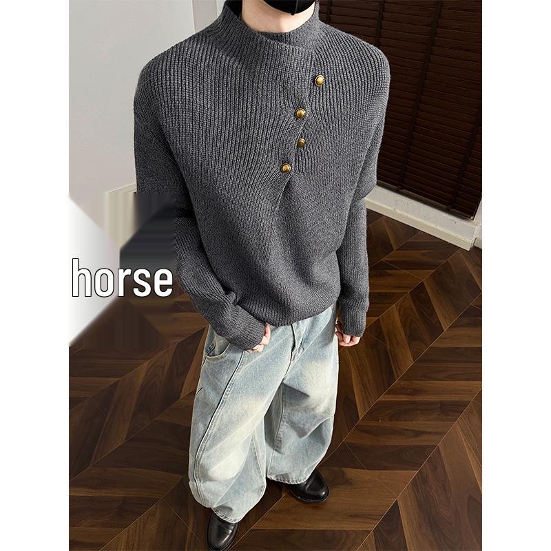 Hoge Hals Trui voor Mannen in Koreaanse Stijl met Onregelmatig Knopenontwerp - Trendy, Cool, Casual Gebreide Top