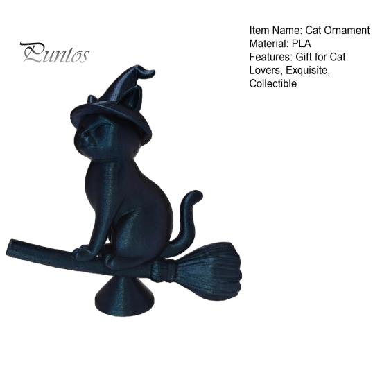 Exquisite Cat Collectible Witch Figurine, Black Riding Broom Statue, 3D Printed Figure Ornament, Desktop Decoration for Home Office Decor Ornament