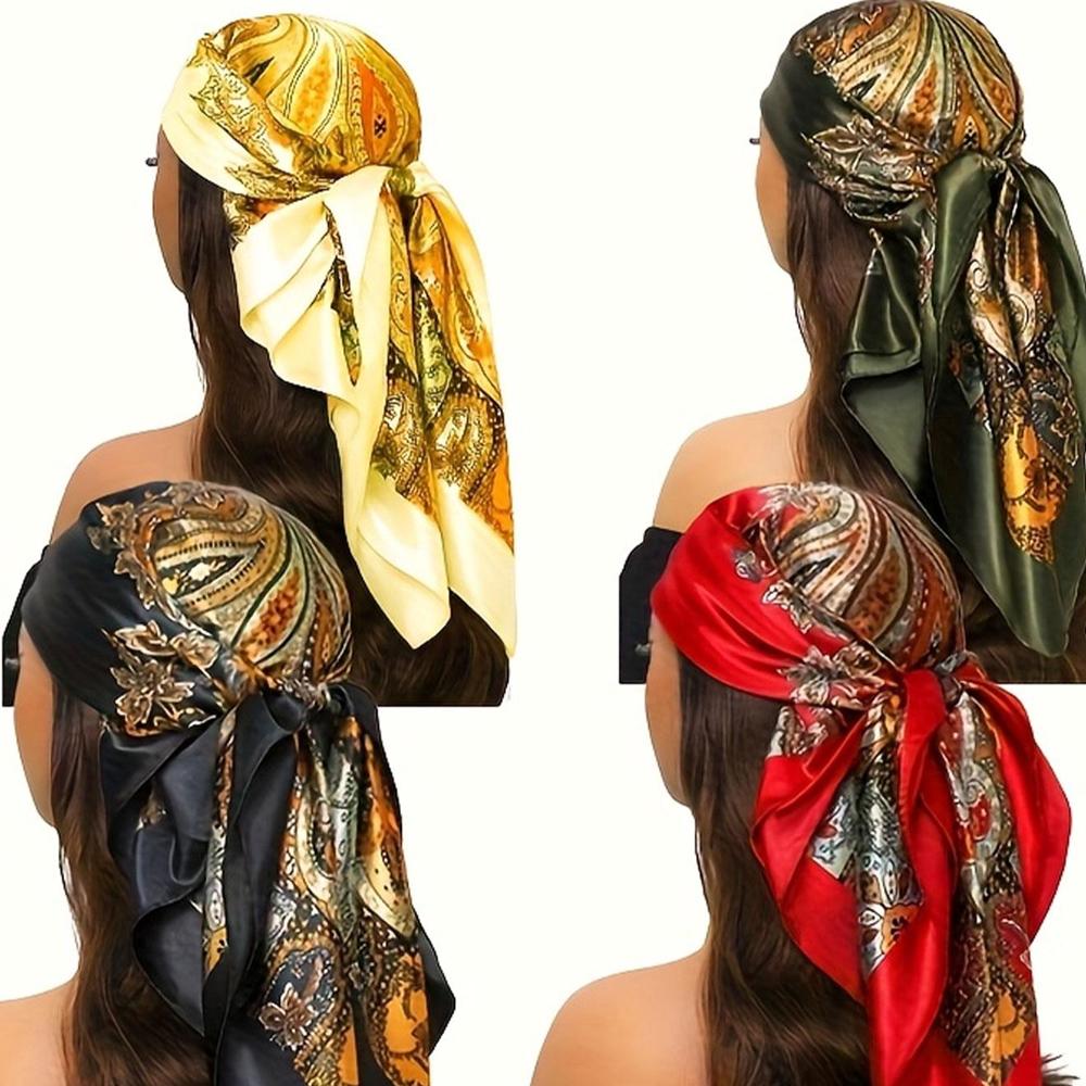 4PCS/set 90*90cm Large Square Head Scarf Silk Like Neck Scarf Bandana Hair Sleeping Head Wrap Fashionable Hair Scarfs for Women