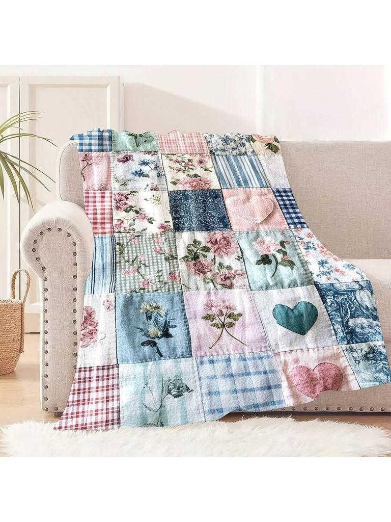1 Stück Vintage Patchwork Flanelldecke, Leichtes Überwurf mit Blumen-Karo-Muster, Ganzjahres-Weiches Parabel-Design für Sofa Bett