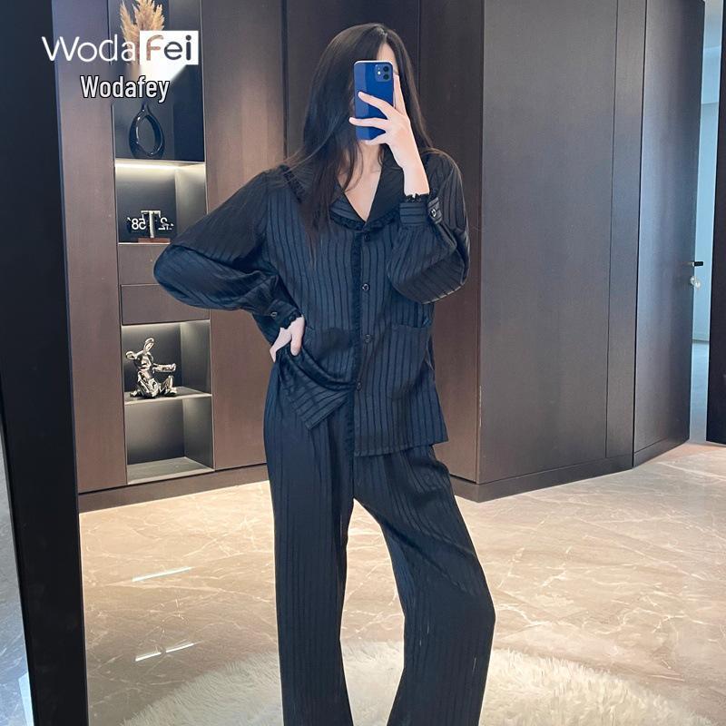 

Sweet Striped Ice Silk Pajamas for Women - Spring 2026, Lace Trim, Versatile for Home or Out Large чёрный