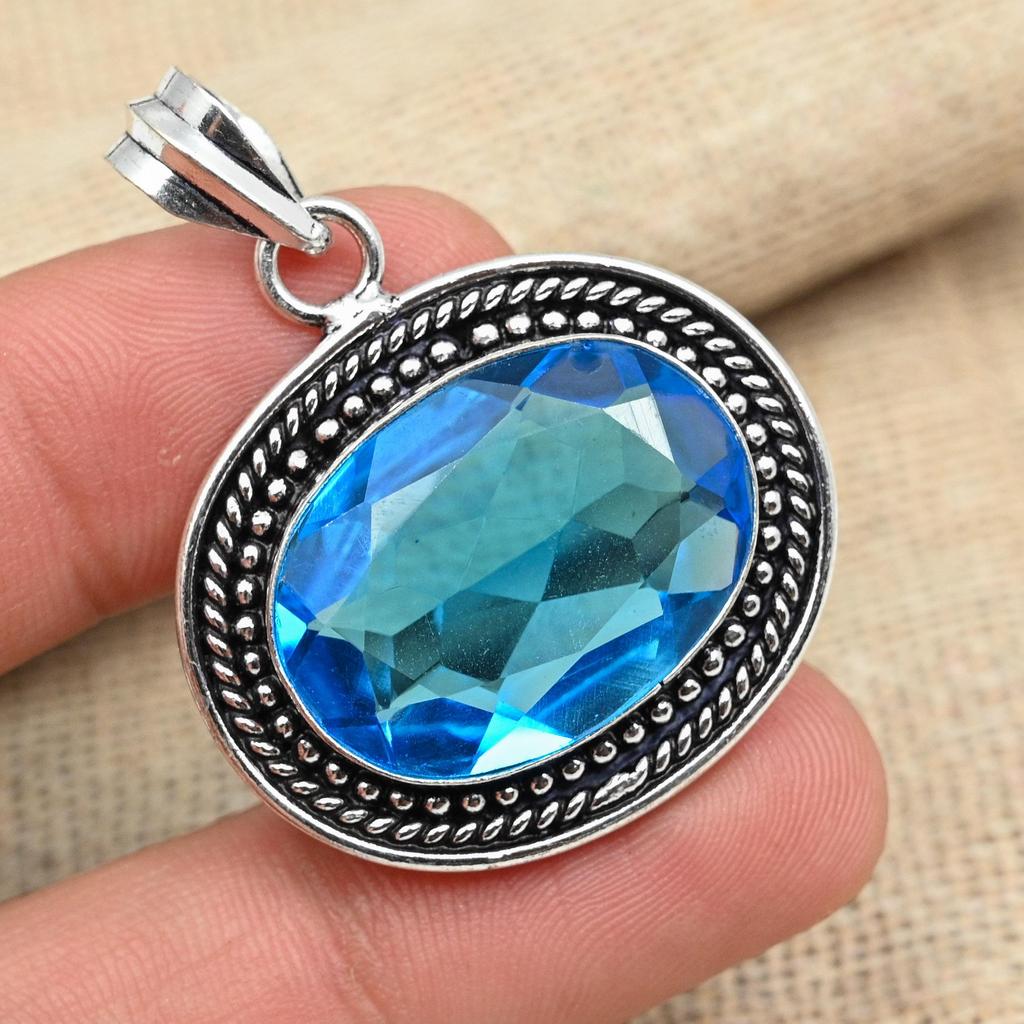 Colgante de joyería hecho a mano de plata de ley 925 maciza con piedra preciosa de topacio azul
