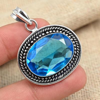 Ciondolo gioielli da donna fatti a mano in argento sterling massiccio 925 con pietra preziosa topazio blu