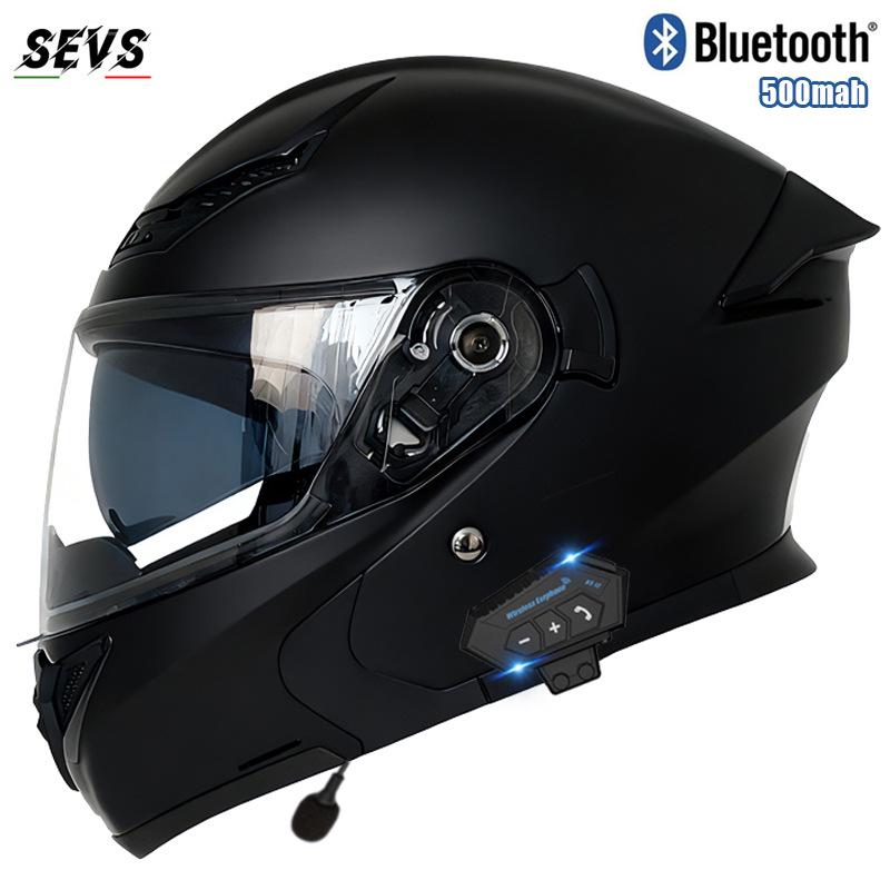 All-Season Universal Flip-up Motorcycle Helmet with Double Visor and Bluetooth Earbuds for Men and Women