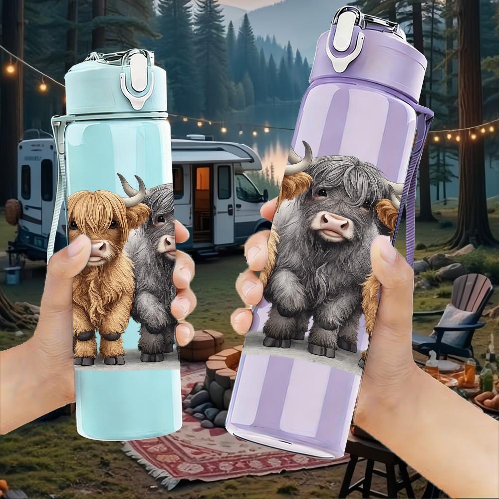 1PC Highland Cow Group Animal Print 750ml Color Plastic Sports Water Bottle Leakproof Flip Straw Lid Suitable for Sports Office Home Use