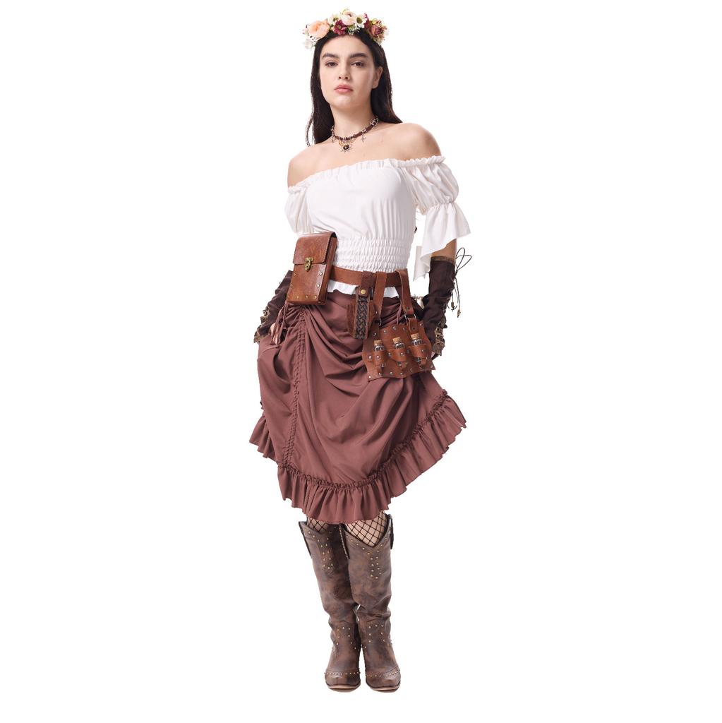 Women's Costume Off Shoulder Top Irregular Skirt Vintage Outfit With Decoration