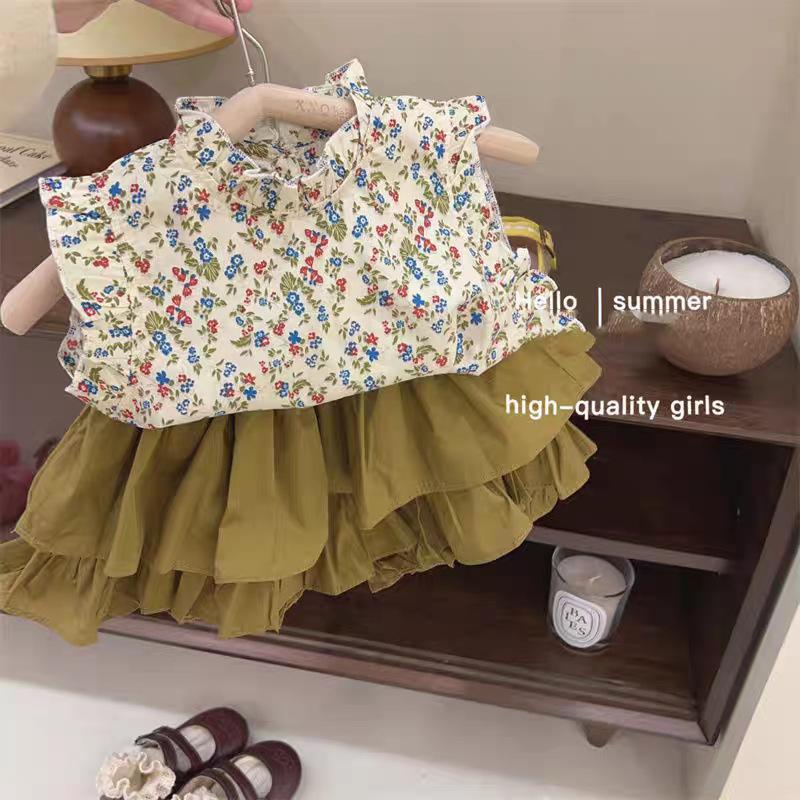 Girls Summer Floral Sleeveless Top With Ruffle Skort Set Sweet Cute Two Piece Outfit 90
