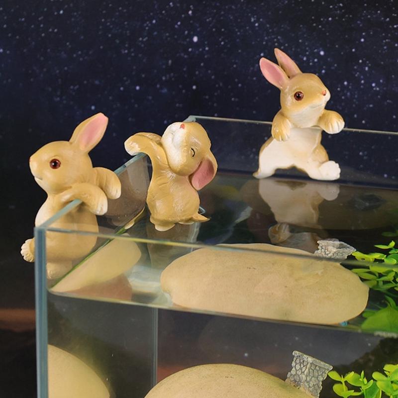 Pack of 3 Colorful Rabbit Resin Figurines Ideal for Hanging on Balconies or Aquariums Edges Multifunctional Decors