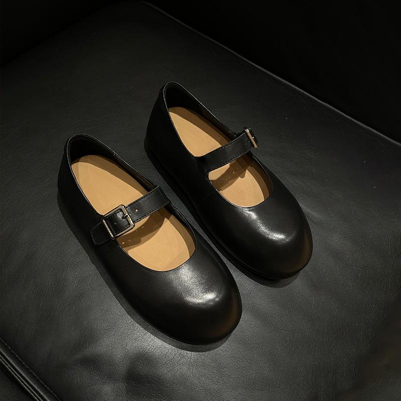 Sheepskin Version~ Spring and Autumn New Leather Inner Height Increase One-word Buckle with Shallow Mouth Mary Jane Single Shoes Women's Flat Loafers