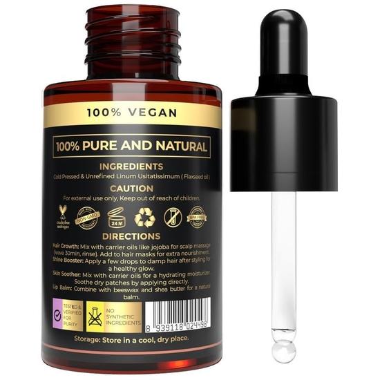 100% Plant Based Organic Flaxseed Oil for Hair | Cold Pressed & Unrefined Linseed Oil for Hair Growth | Reduce Dandruff, Acne & Hair Fall