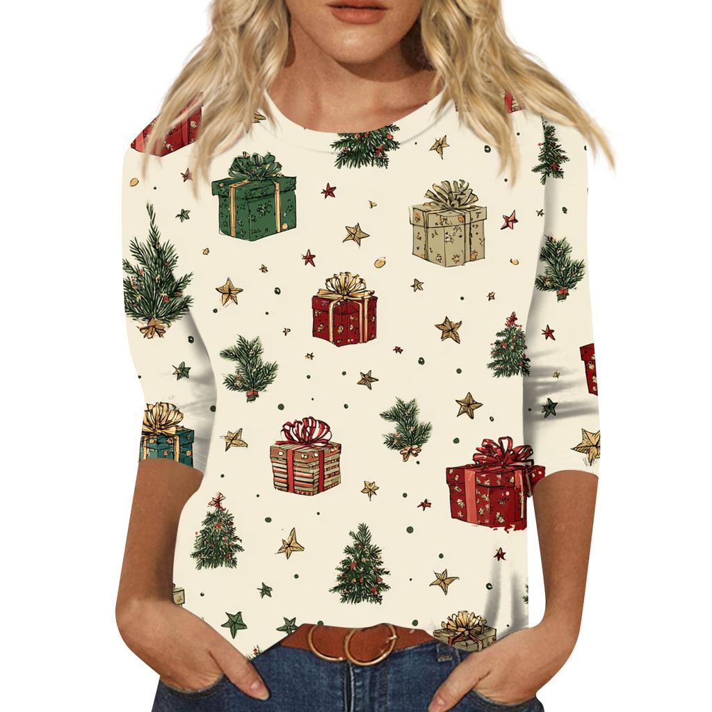 Dammode Casual Rund Halsad Trekvartsärm Jultryck T-shirt Topp
