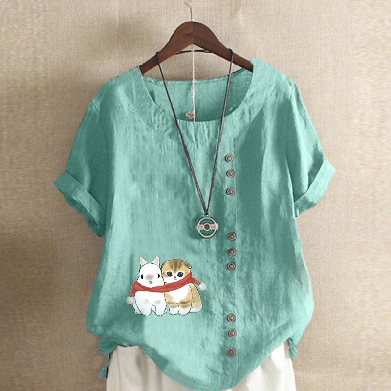 Damenmode Katzen und Kaninchen bedrucktes Rundhals Kurzarm T-Shirt Lässig Baumwolle Leinen Grafik Shirt Freizeit Locker Sommer Bluse Tops