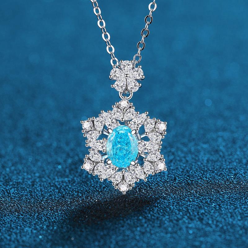 Women's S925 Sterling Silver Necklace with Aquamarine, Padparadscha, and High Carbon Diamond Pendant