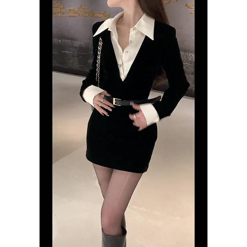 Fake Two-piece Temperament Shirt Dress Women's Spring Skirt Black Waist Temperament Hip Skirt