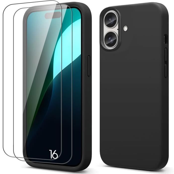 Coque de protection pour iPhone 16 - BOOLING - Silicone Souple - 2 Verres Trempés - Noir - Anti-Rayures
