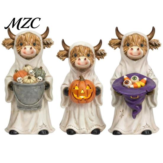 Small Bookshelf Ornament 3Pcs Halloween Ghost Highland Cow Figurines, Resin Yak Statues with Pumpkin, Farmhouse Spooky Desktop Figurine Tabletop