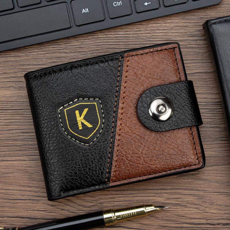 Men Leather Wallet RFID Blocking Bifold Short Wallet Card Holder Coin Pocket Button Closure Vintage Patchwork Purse