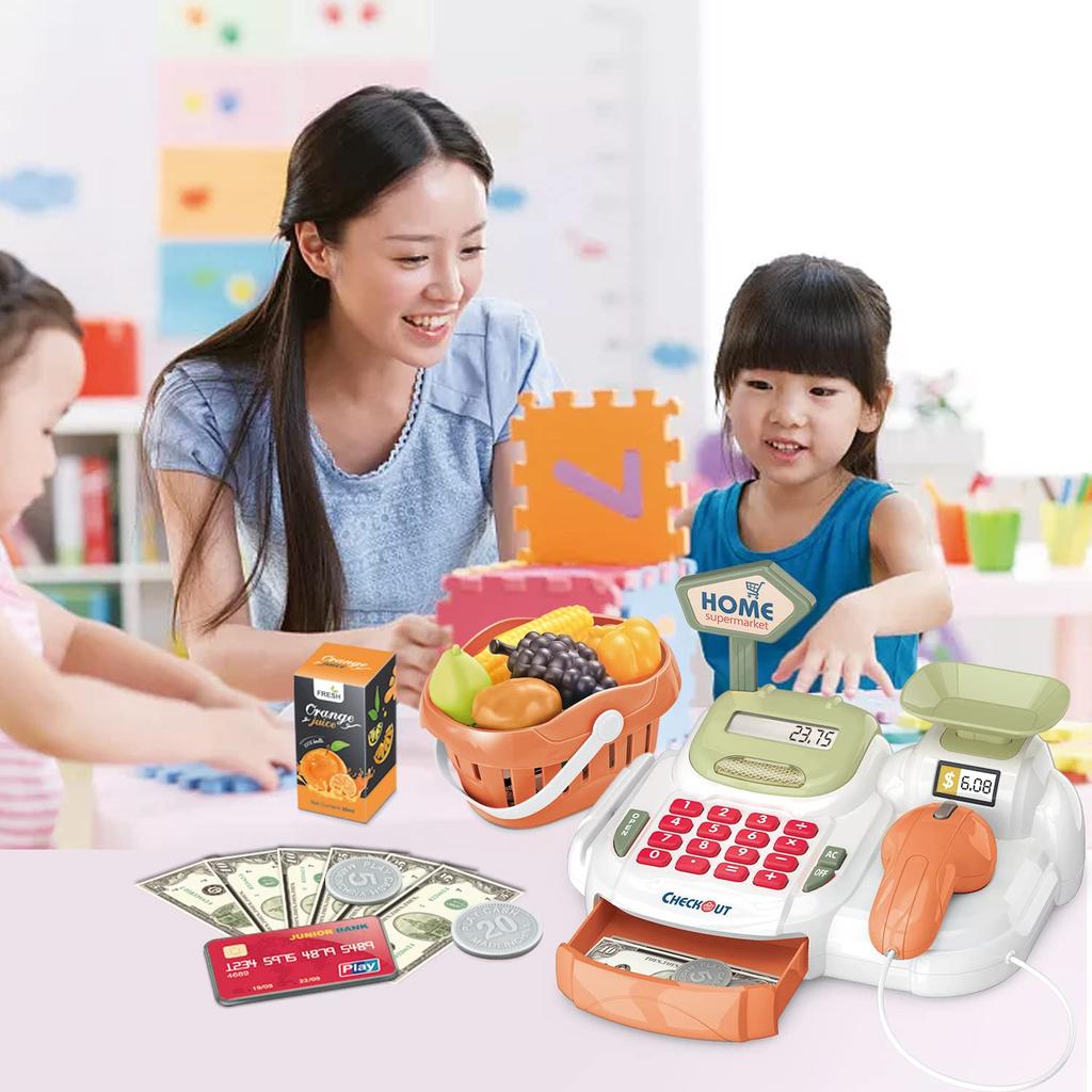 PanKome 36-Piece Pretend Play Set with Cash Register, Kids' Pretend Store Toy, Shopping Play, Cash Register, Cashier, Educational Toy, Cute for Girls