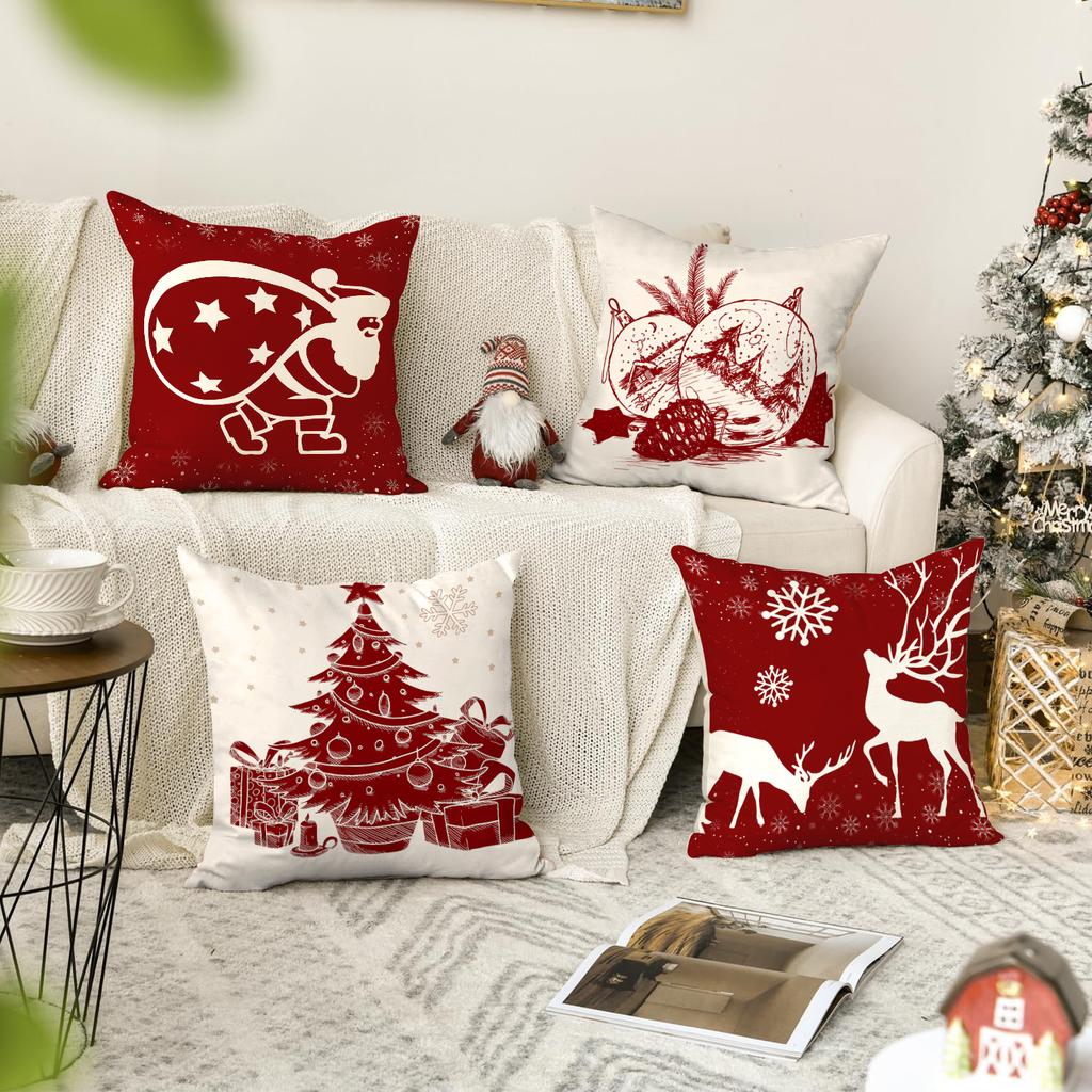1/4pcs Christmas Pillow Cover, Elderly, Snowflake, Tree Printed Cushion Cover, Christmas Decoration (without Pillow Core)