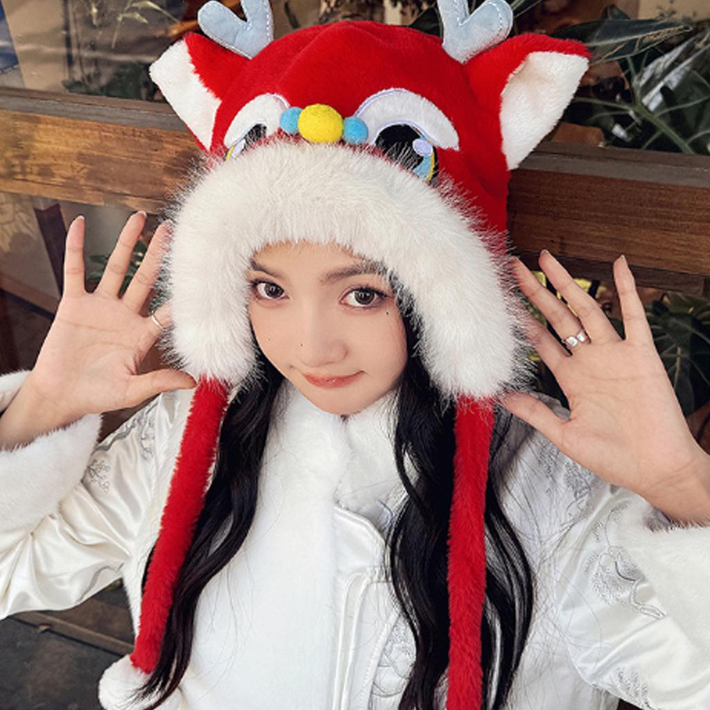 Cute New Year Dragon Head 3in1 Scarf Hat Mitten Suit Winter Earflap Hat Thicken Warmer Supplies for Women Teen Winter