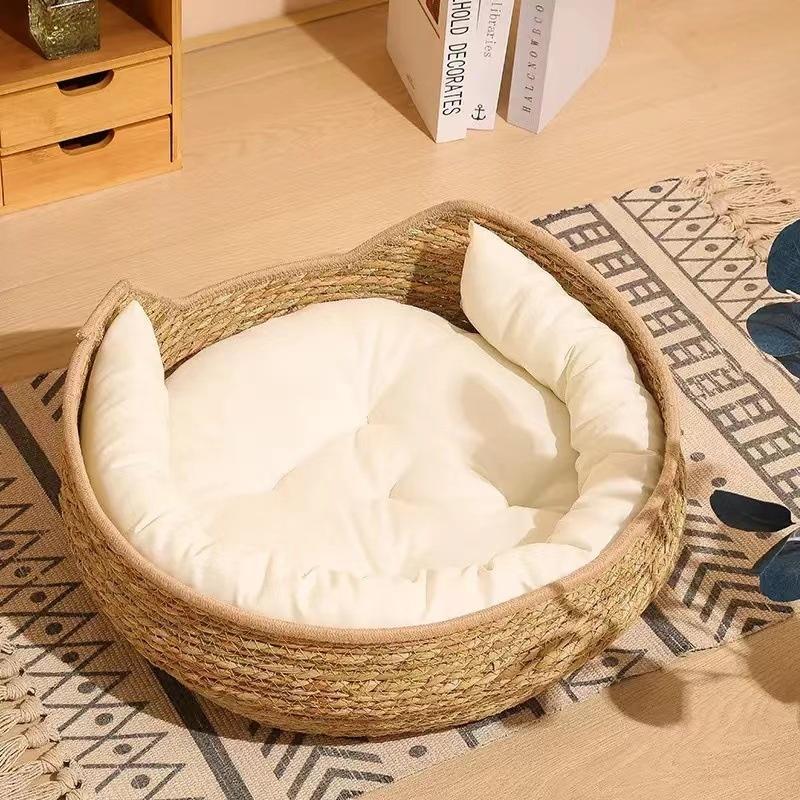Rattan Cat Bed Scratching Board Removable Washable Woven Grass Nest All Seasons For Cats And Kittens Home Balcony Decor Gift