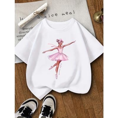 European Sizes Dancing Girl Print T-Shirt - Casual Summer Short Sleeve Round Neck Top Suitable for Dance Classes, Casual Attire & Teen Girls